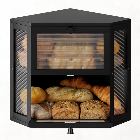 WOWLIVE Corner Bread Box for Kitchen Countertop, Double Layer Bamboo Bread Storage Container, Large Farmhouse Bread box with Acry
