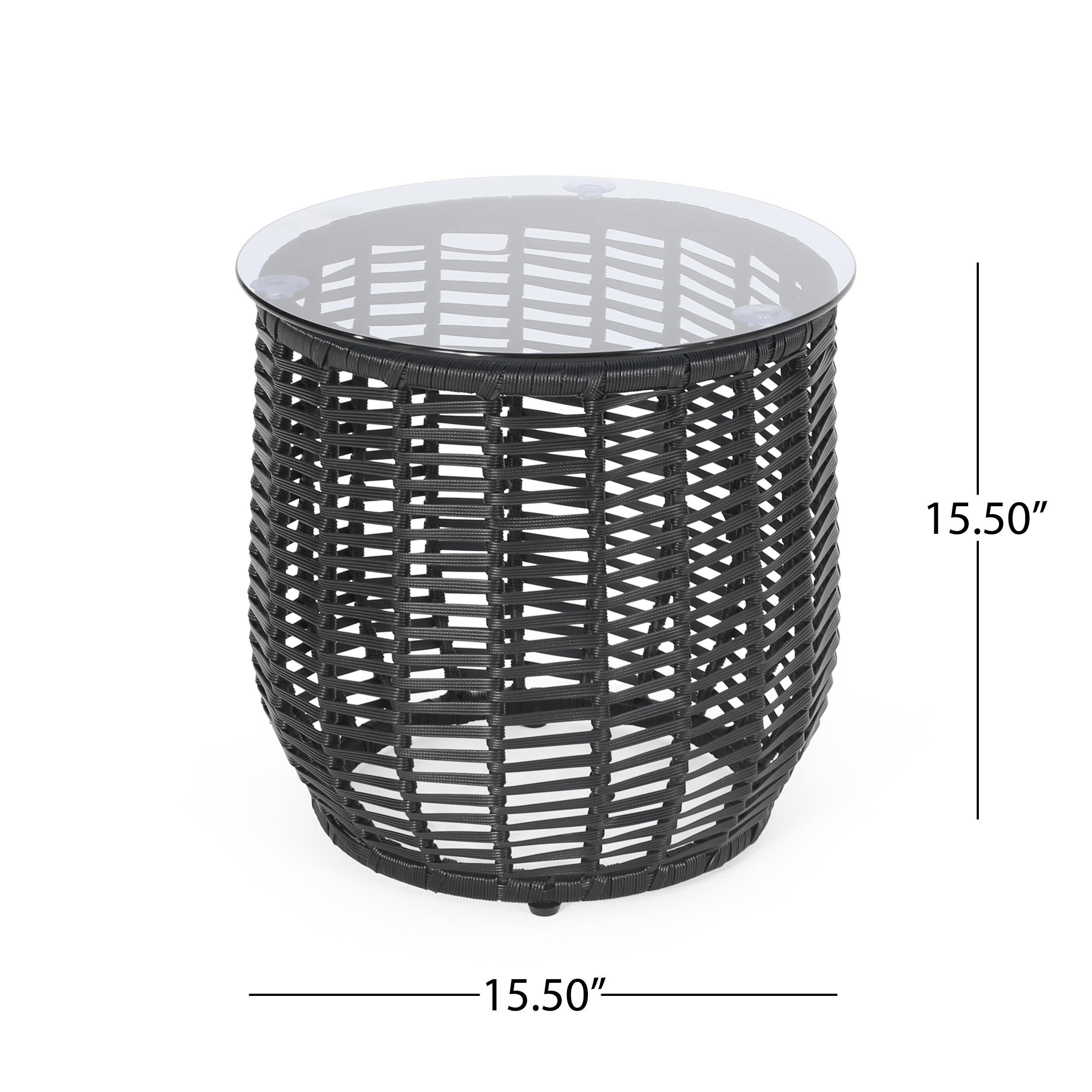 Kriday Wicker Side Table with Tempered Glass Top, Black