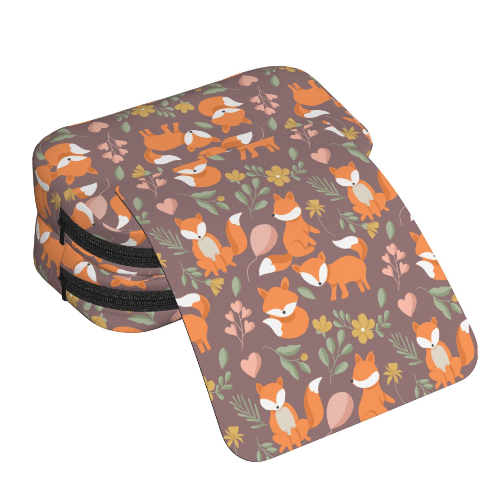 Rateoe Cute Little Fox Pattern Double Clamshell Pen Case, Storage Organizer with Two Zipper Compartments– Holds Up to 50 Pencils & Pens