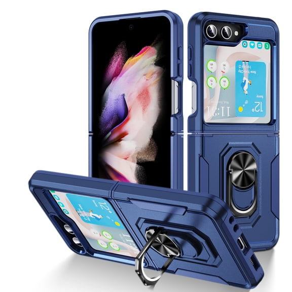 for Samsung Galaxy Z Flip 5 Armor Case with Camera Lens Slide Protection [Military Grade Drop Tested] for Magnetic Car Mount Ring Holder Kickstand Protective Heavy Duty Phone Case,Blue