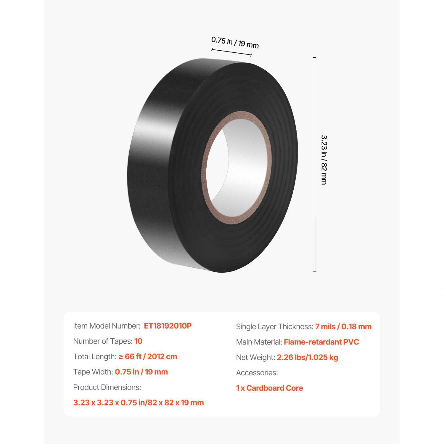 600V Electrical Tape 10 Rolls 3/4 in x 66 ft PVC Insulating Wire Flame Retardant Waterproof Weather Resistant for Electrical Equipment Black