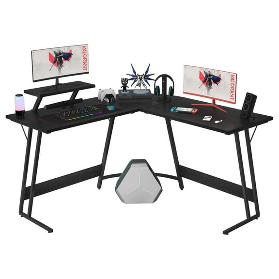 L Shaped Gaming Desk Computer PC Gaming Desk Table with Large Monitor Riser Stand for Home Office Sturdy Writing Workstation (Classical Black, 51 Inch)