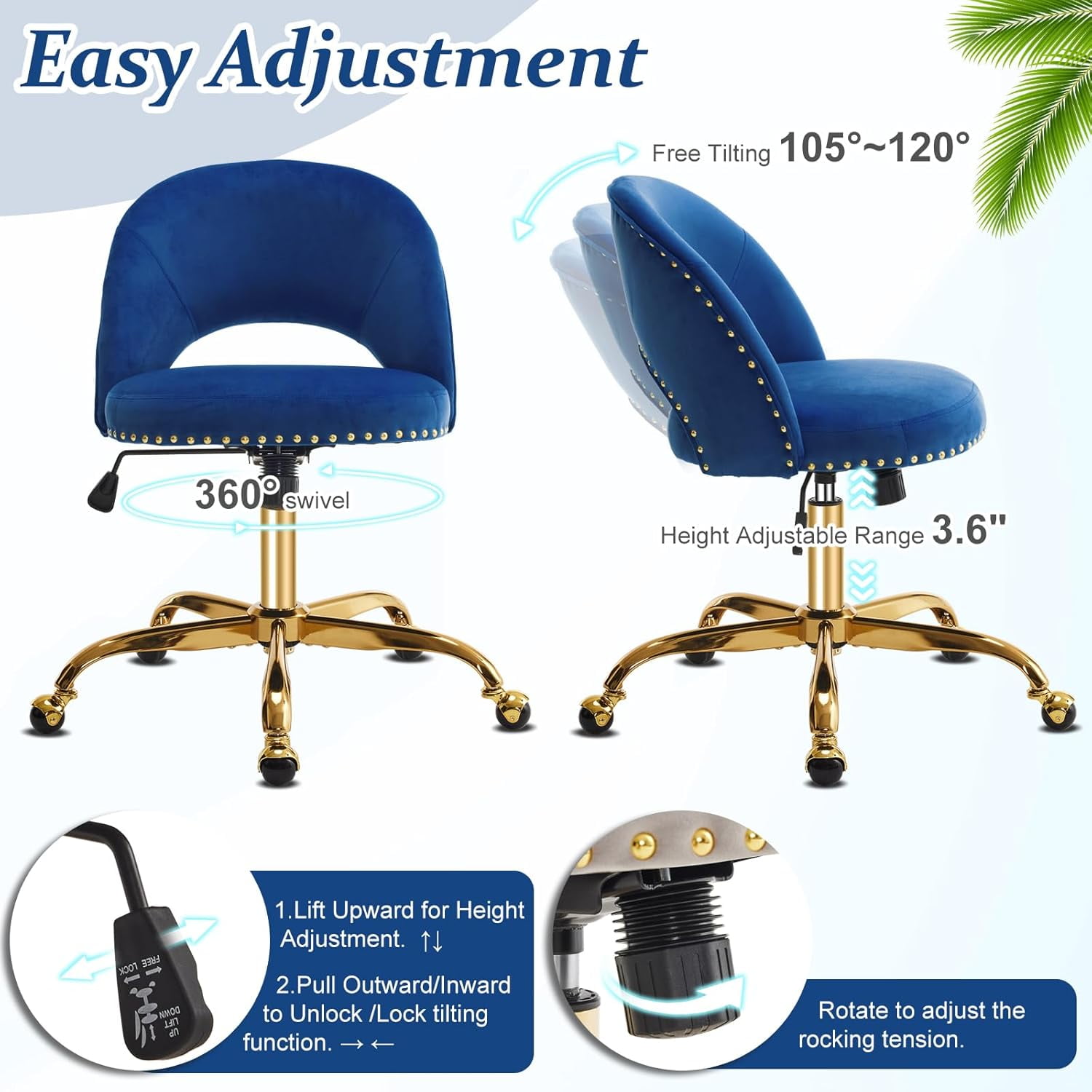 QHTER Modern Velvet Small Office Chair,Cute Desk Chair with Wheels,Gold Base/Studs, Comfy Armless Swivel Vanity Task Chair for Women/Girl/Kids, Nail Tech Chair for Bedroom,Small Space,Navy Blue