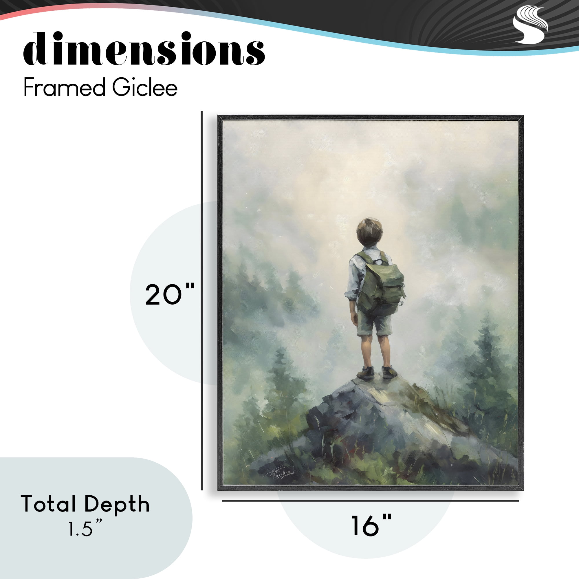 Boy Adventurer Atop Mountain Black Framed Giclee Art, design by Arlington Prints