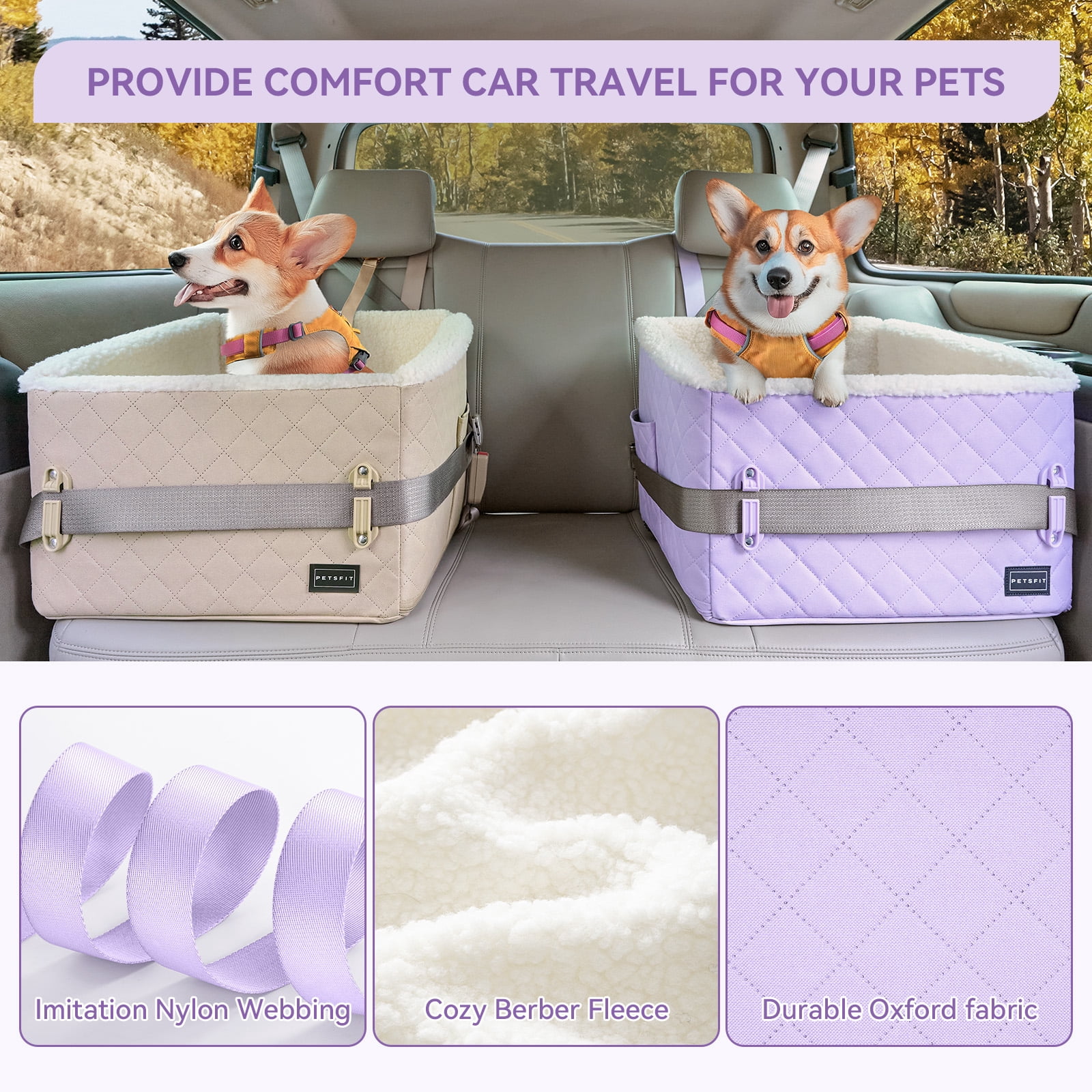 PETSFIT Dog Booster Car Seat, Soft Foam,Patented Safety Buckles, Storage Pockets and Detachable Clip-On Safety Leash, 30 LBS (Purple)