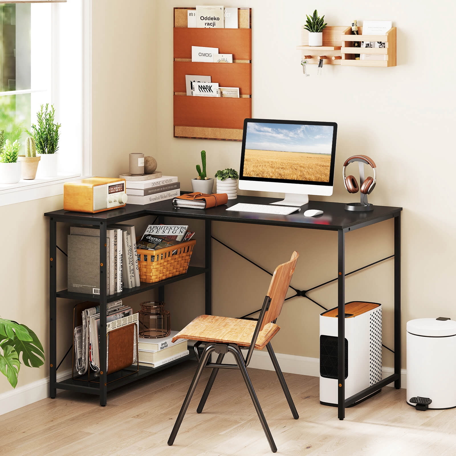 Costway L-Shaped Computer Desk with Power Outlets Adjustable shelf Heavy-Duty Metal Frame Black