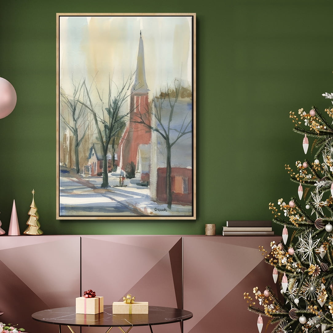 New England Main Street - Framed Gallery Wrapped Holiday Canvas - 17 x 25 - Natural Wood Frame