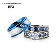 thumbnail image 3 of 3pc Couples Rings Wedding Ring Sets 26kt White Gold Plated Blue Square Cz Titanium band, 3 of 6