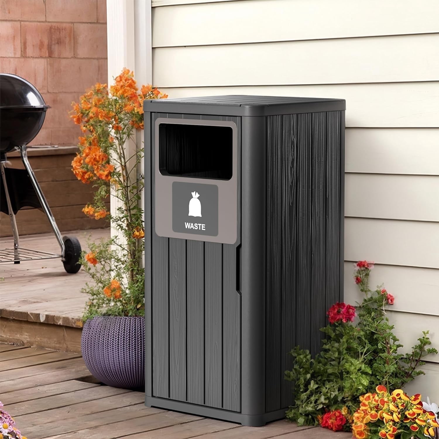 Outdoor 1-Barrel Resin Trash Can – Waterproof, UV-Resistant – Recycling Label, Fits 30-39 Gal Bags, Black, 16.1x16.5x35.4in