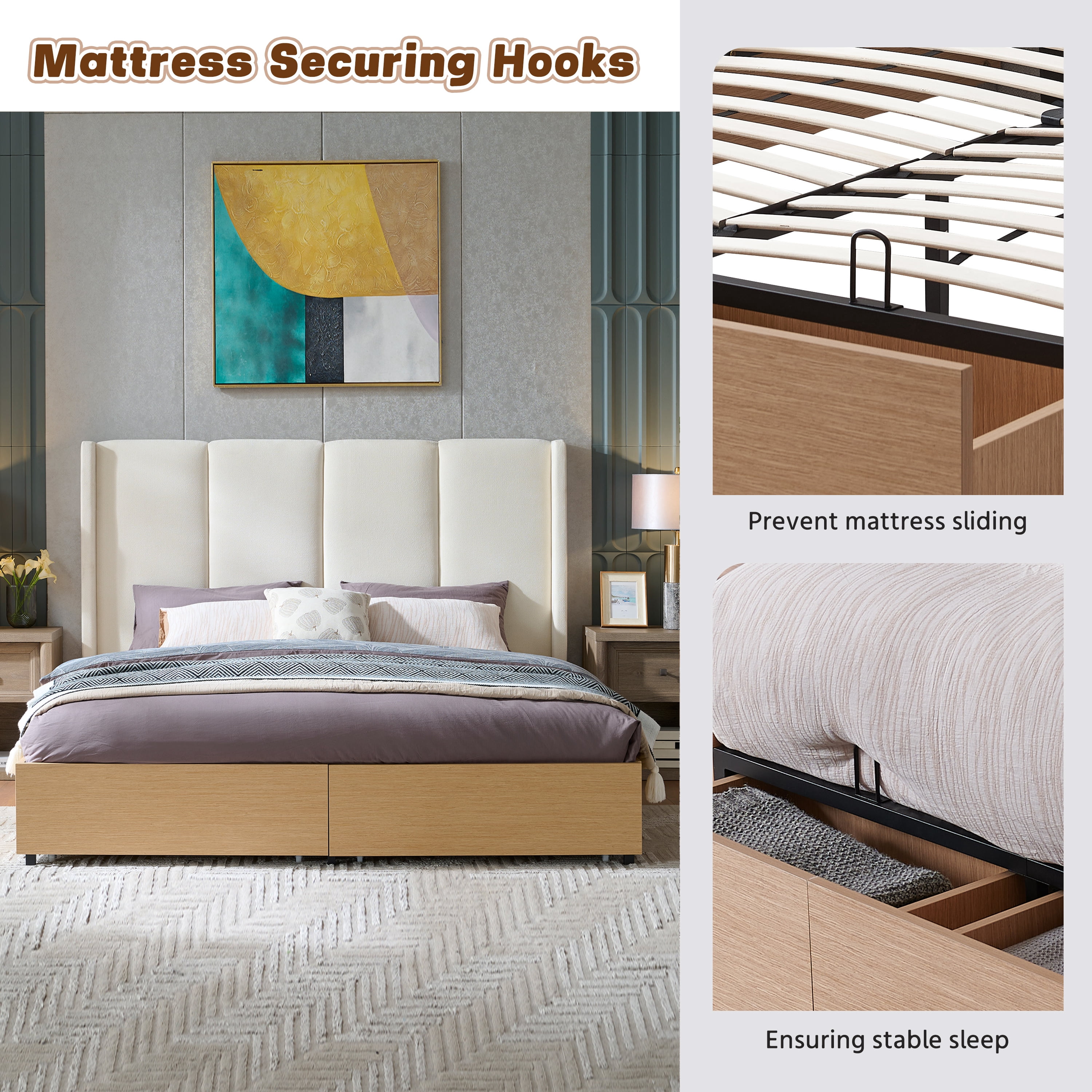 King Size Bed Frame and Upholstered Headboard, Solid Wood Platform Bed with Storage Drawers, Durable Wooden Slats, Solid and Stable, Noiseless, No Box Spring Needed, Easy Assembly, Beige