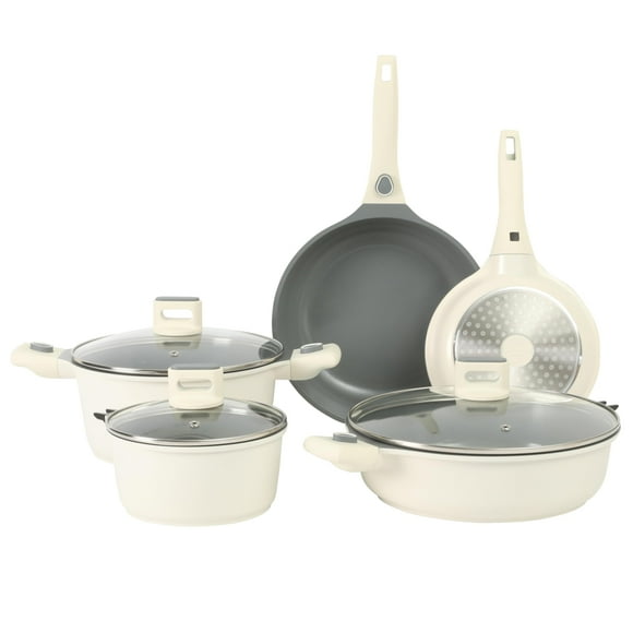 Sur La Table Kitchen Essentials 13 Piece Detachable Handle Pots and Pans Premium PFA Free Premium Ceramic Non Stick Induction Safe and Secure Removable Handle Cookware Set - Eggshell White
