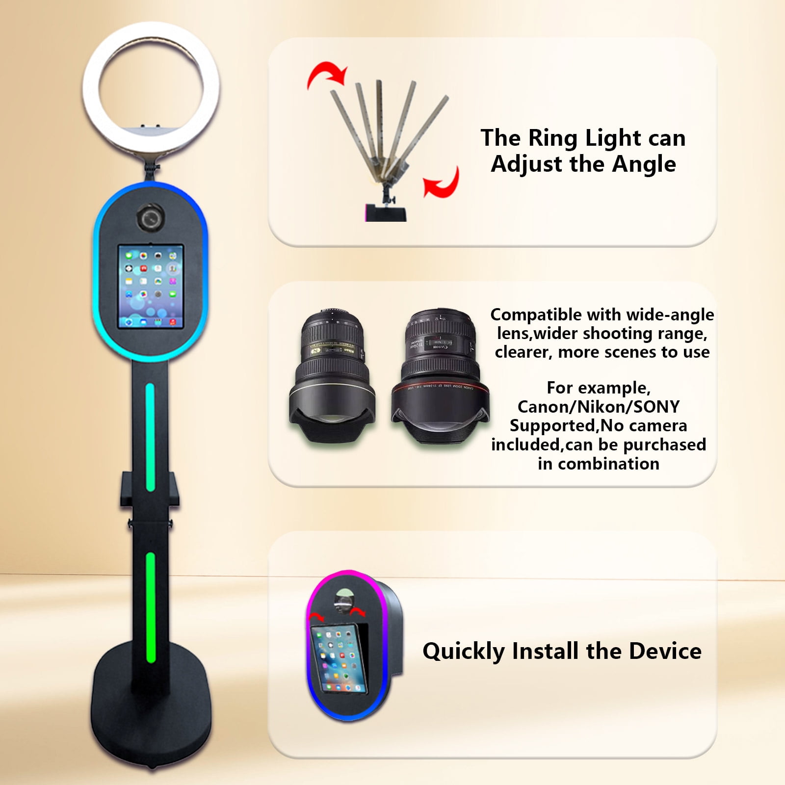 iPad PhotoBooth Stand Selfie Machine With Ring Light for 10.2/11/12.9 inch iPad for Party Wedding
