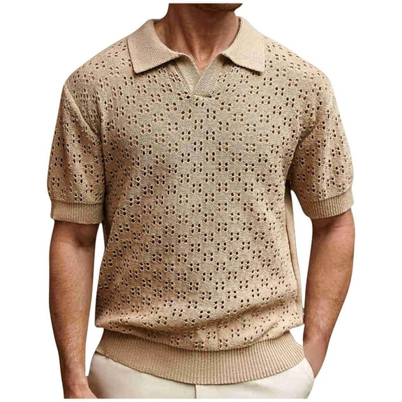 Hot Days, Bold Styles YLSDY Mens Knit Corchet Shirts Breathable Short Sleeve Eyelet Mesh Textured Turn Down Collar Tshirt Plus Size V Neck Vacation Tops Khaki XL