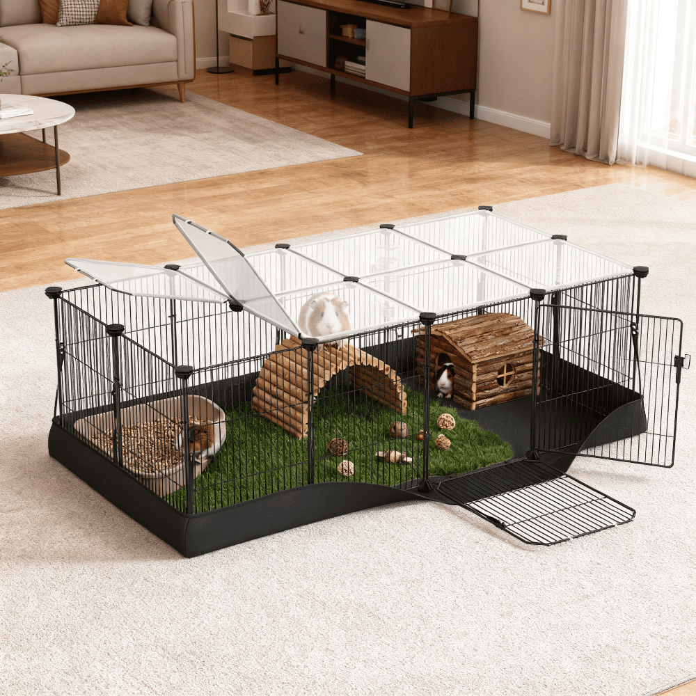 LEDREM 20-Panel Guinea Pig Cage with Waterproof Mat, Small Animal Playpen with Top & Side Doors, for Rabbits, Hamsters, 48.4 x 24.8 x 16.3 Inches, Ink Black