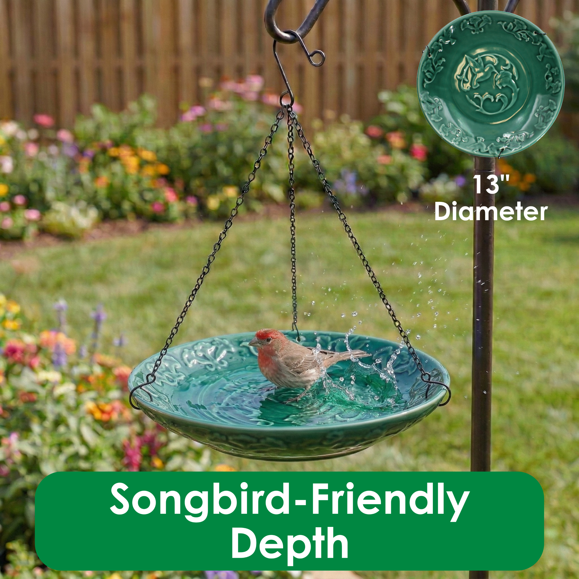 Backyard Essentials Bird Bath Hanging Birdbath Green Songbird for Bird Feeders