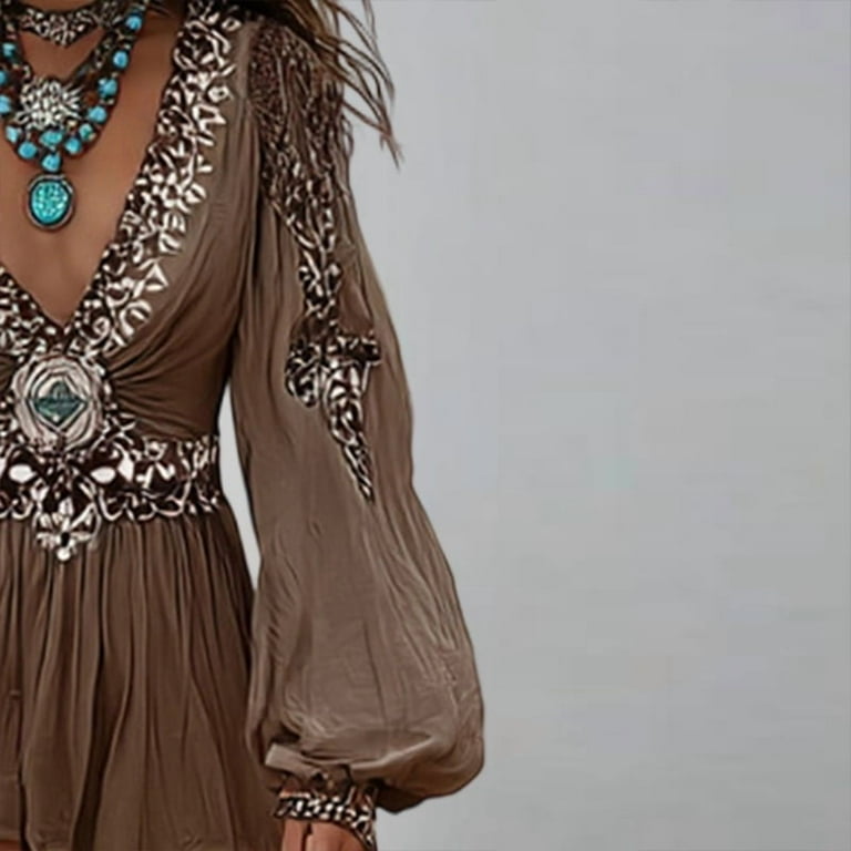 MORTTIC Women's Patchwork V-Neck Dress with Puff Sleeves & Asymmetric Hem  Flowy Western Style Boho Midi Dress CoffeeM - Walmart.com