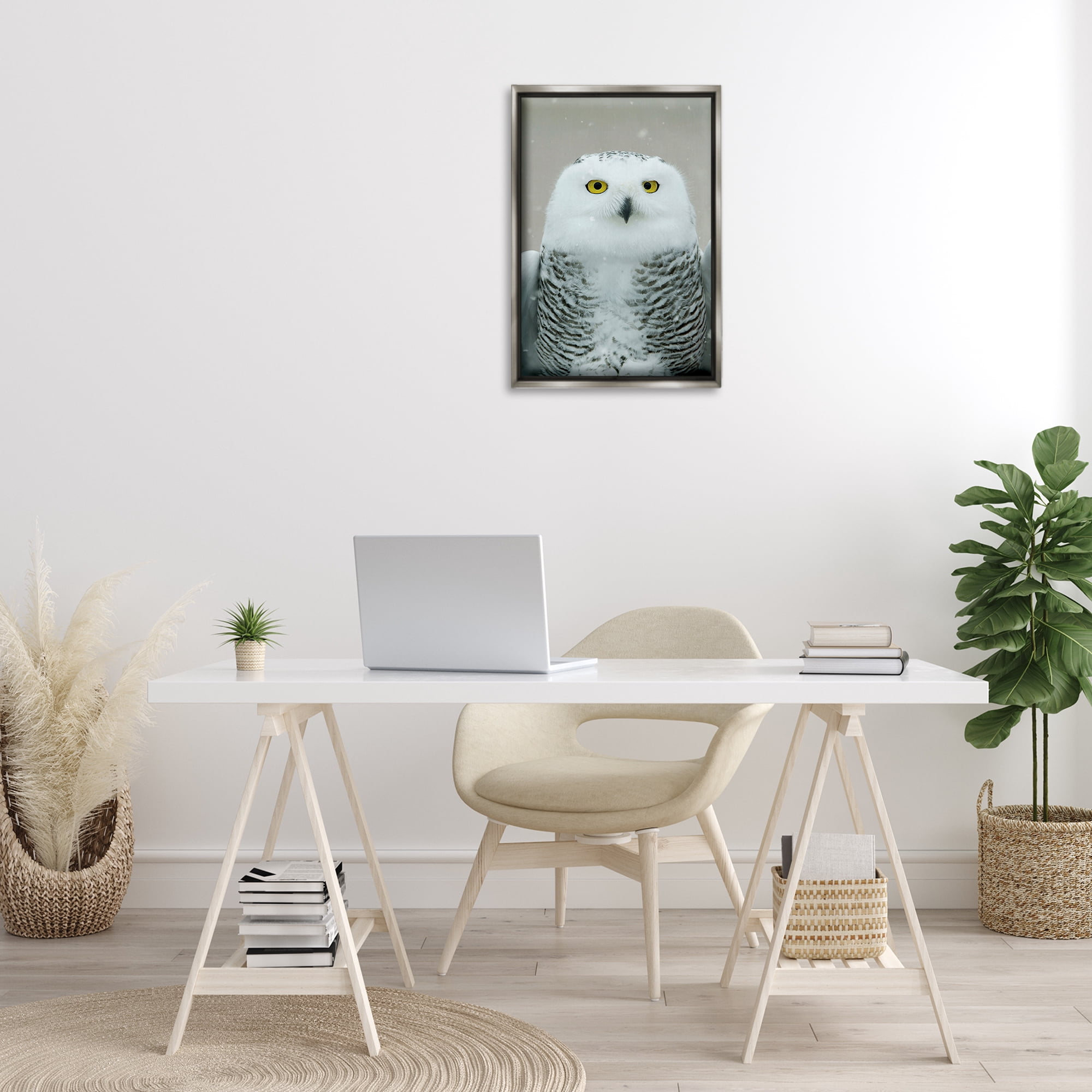 Stupell Industries Snowy Owl Portrait Animals & Insects Photography Gray Floater Framed Canvas Art Print Wall Art, 17 x 25