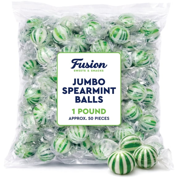 Jumbo Spearmint Mint Balls – 1 Pound Bulk Bag, Spearmint Candy Individually Wrapped, Green And White Candy Jumbo Pieces, Hard Mint Spheres with Refreshing Flavor
