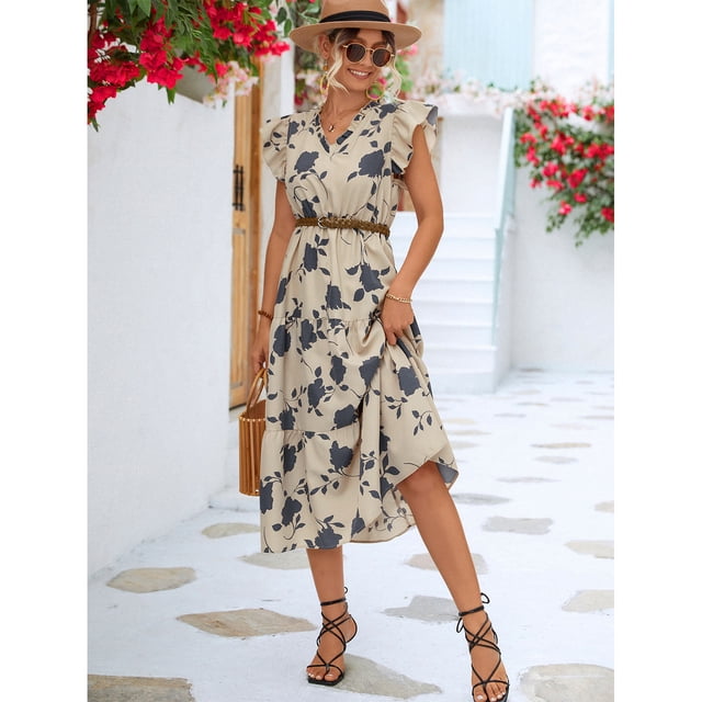Vestido con cuello en V,Vestido largo para mujer, Vestido corto con dobladillo con volantes, Vestido con cintura elástica, Durabilidad extendida