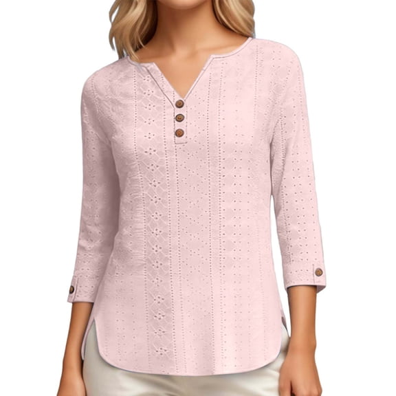 Fgnfyis T Shirts For Women Summer 3/4 Sleeve V Neck Long Sleeved Casual Loose Fitting Solid Color Top Womens Long Sleeve Tops Light Pink M