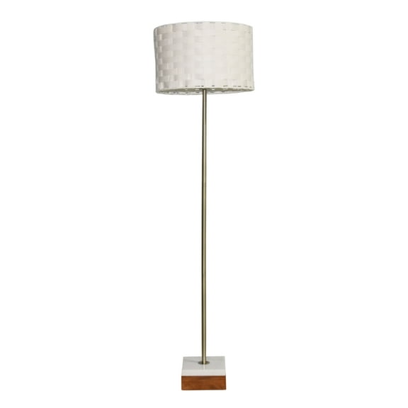 May Woven Shade White Floor Lamp with Marble and Wood Base