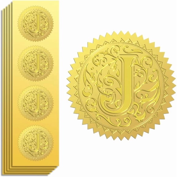 Gold Foil Sticker Seal Embossed Letters J 2 Inch 100Pcs Self Adhesive Golden Around Embossing Decals for Invitation Certificate Envelope Seal Gift Card Decoration Gold