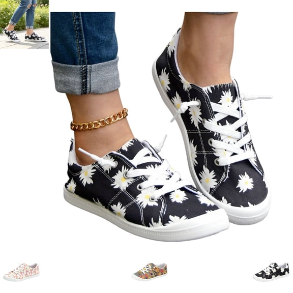 YOUYEDIAN Sneakers for Women Casual Strap Design Slip On Versatile Floral Print Flats Fashion Round Toe Comfy Soft Canvas Shoes