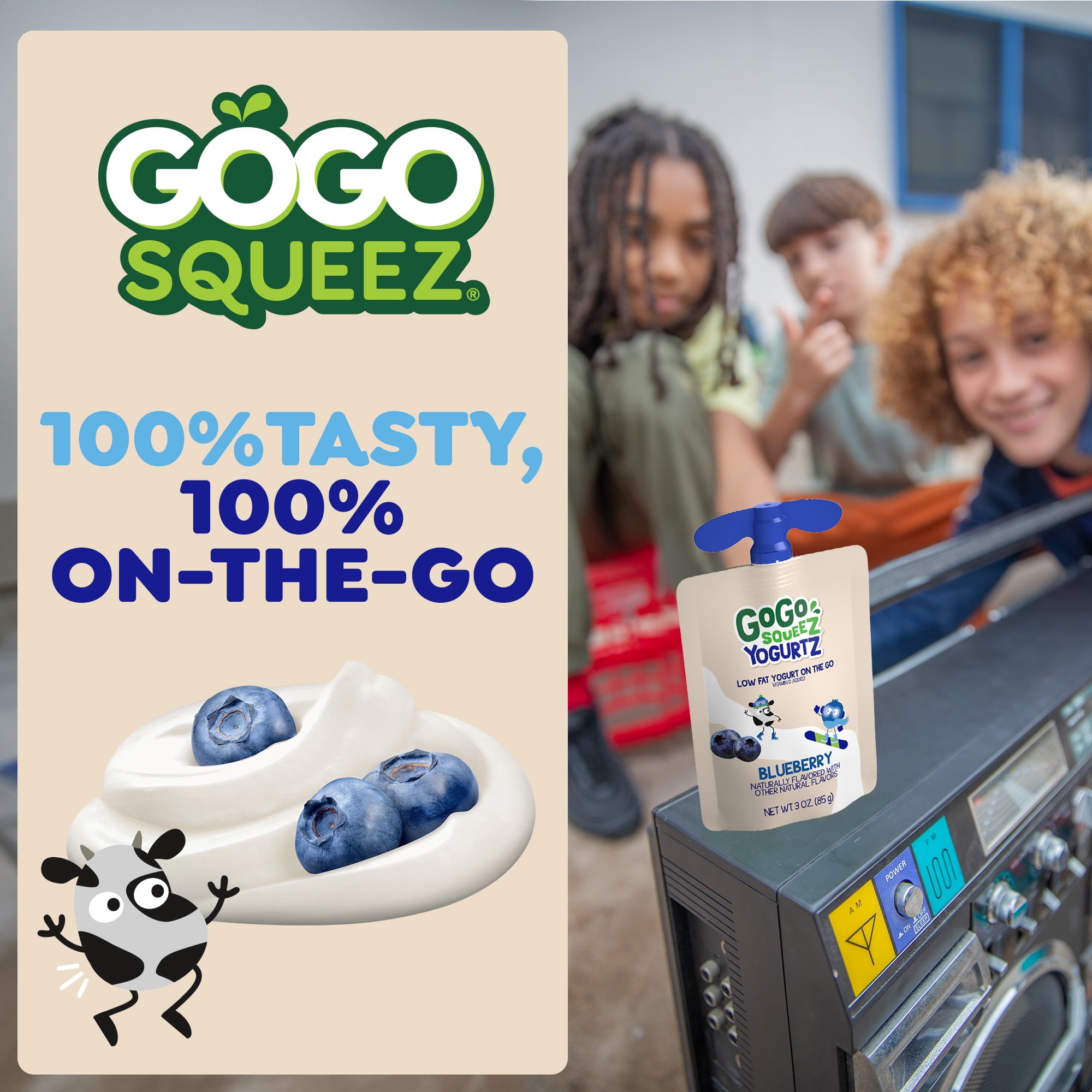 (3 pack) GoGo squeeZ Low Fat Yogurtz Blueberry Yogurt Snack Pouches, 3 oz (4 Pack)