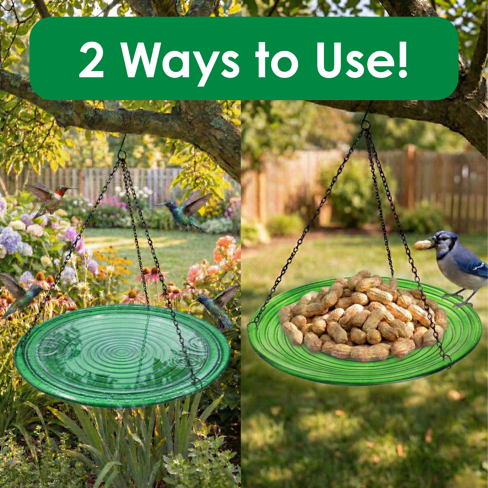 Songbird Essentials Glass Embossed Bird Bath, Hanging Birdbath Hunter Green, 13in Round