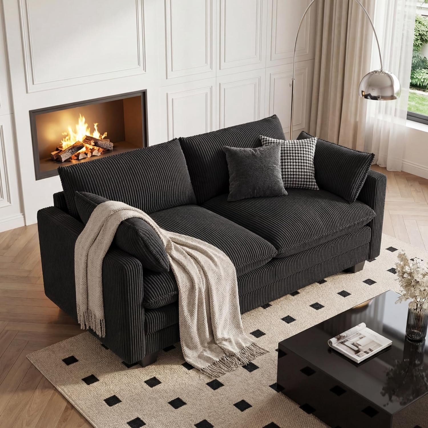 Noelse 75” Cloud Loveseat with Comfy Double Layer Upholstered Cushion, 2 Seater Modern Overstuffed Love seat Couch with Removable and Washable Corduroy Fabric for Living Room or Small Places, Black