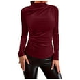 thumbnail image 3 of Kinrui Women's Ruched Long Sleeve Velvet Shirts Turtleneck Slim Fitted T Shirts Basic Underlayer Going Out Tops Wine,XXL, 3 of 8