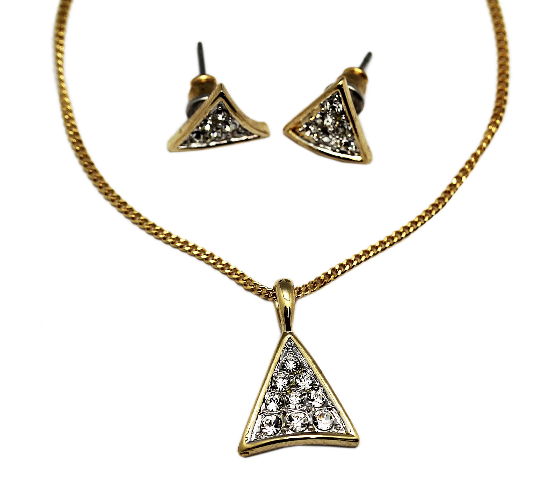 Golden Triangle Pendant Necklace With Matching Earrings (Jewelry Set