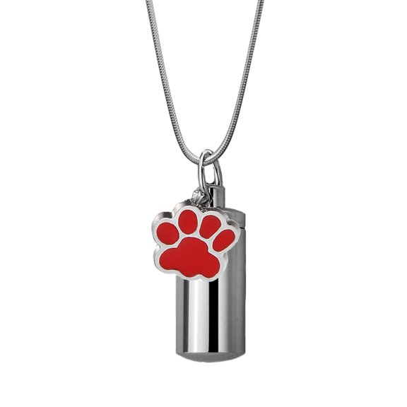 Anavia Red Dog Paw Print Charm Silver Cylinder Funeral Urn For Ashes Handcrafted with Free Funnel Kit and Velvet Jewelry Box