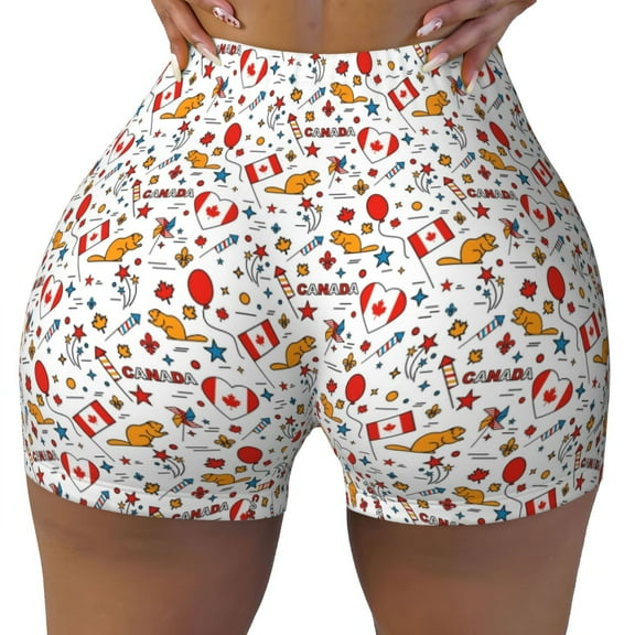 Xecao Canada Day Print Workout Shorts for Women Soft Smooth Gym Yoga Scrunch Active Tennis Workout Running Shorts