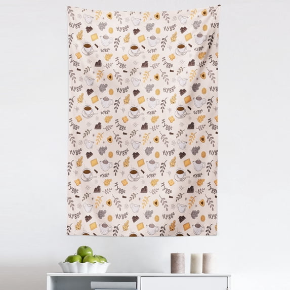 Hot Chocolate Tapestry, Autumn Leaves Tea Cups Pastries Scandinavian Hygge Style Graphics, Fabric Wall Hanging Decor for Bedroom Living Room Dorm, 5 Sizes, Champagne Pale Orange, by Ambesonne