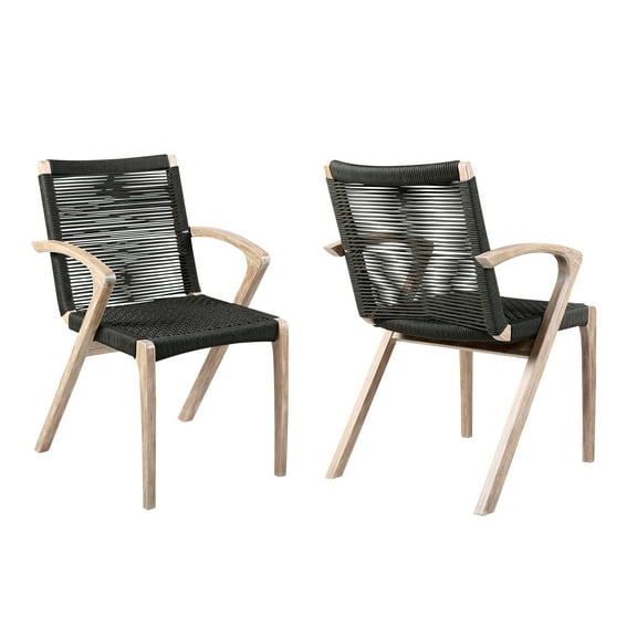 Nabila Outdoor Dark Eucalyptus Wood and Grey Rope Dining Chairs - Set of 2