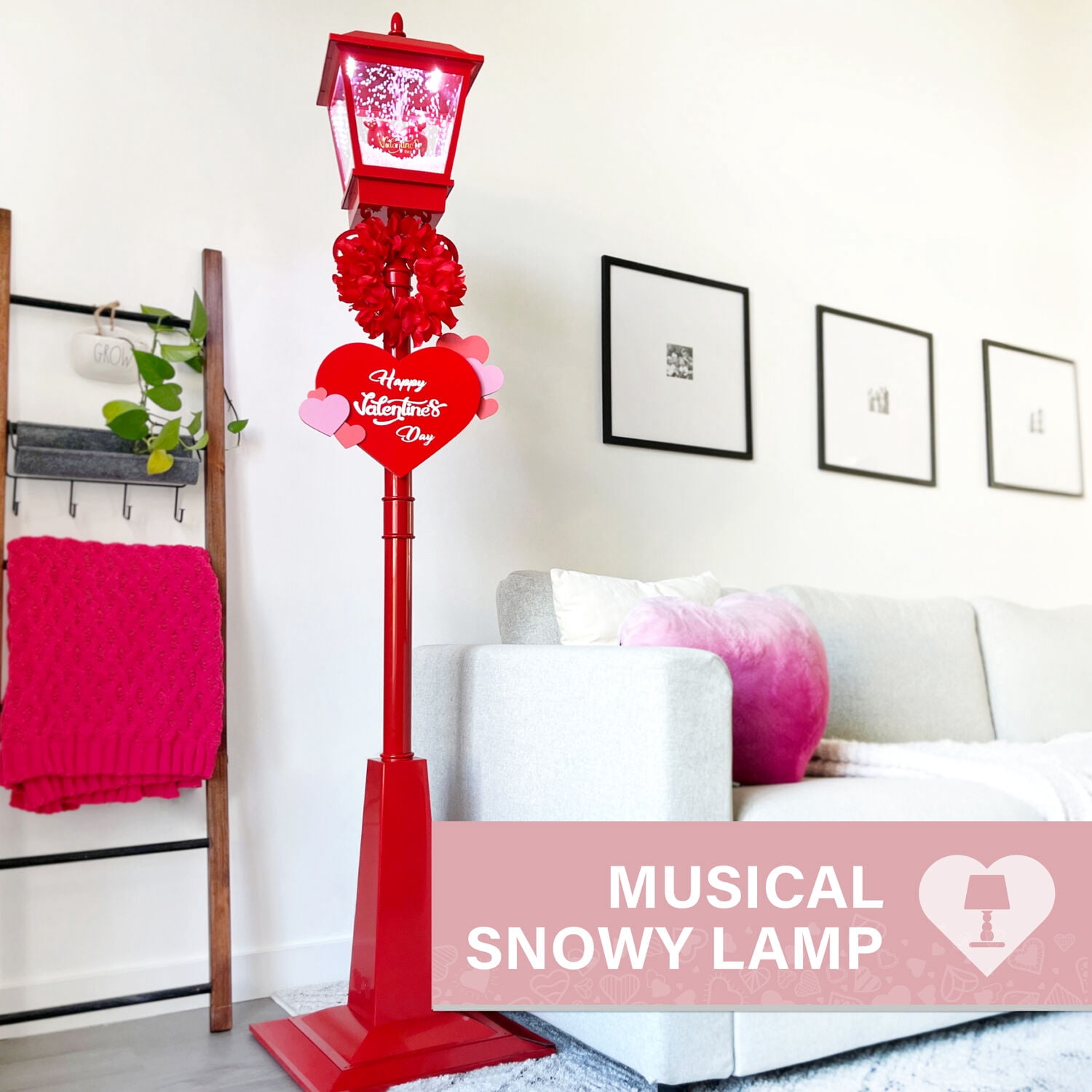 Fraser Hill Farm 5.8 ft  Musical Snowy Valentine's Day Street Lamp Lantern, FSLHEART071A-RD