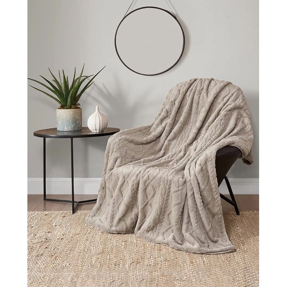 Lucky Brand Embossed Cable Faux Fur Throw Blanket, 50" X 70"-Beige