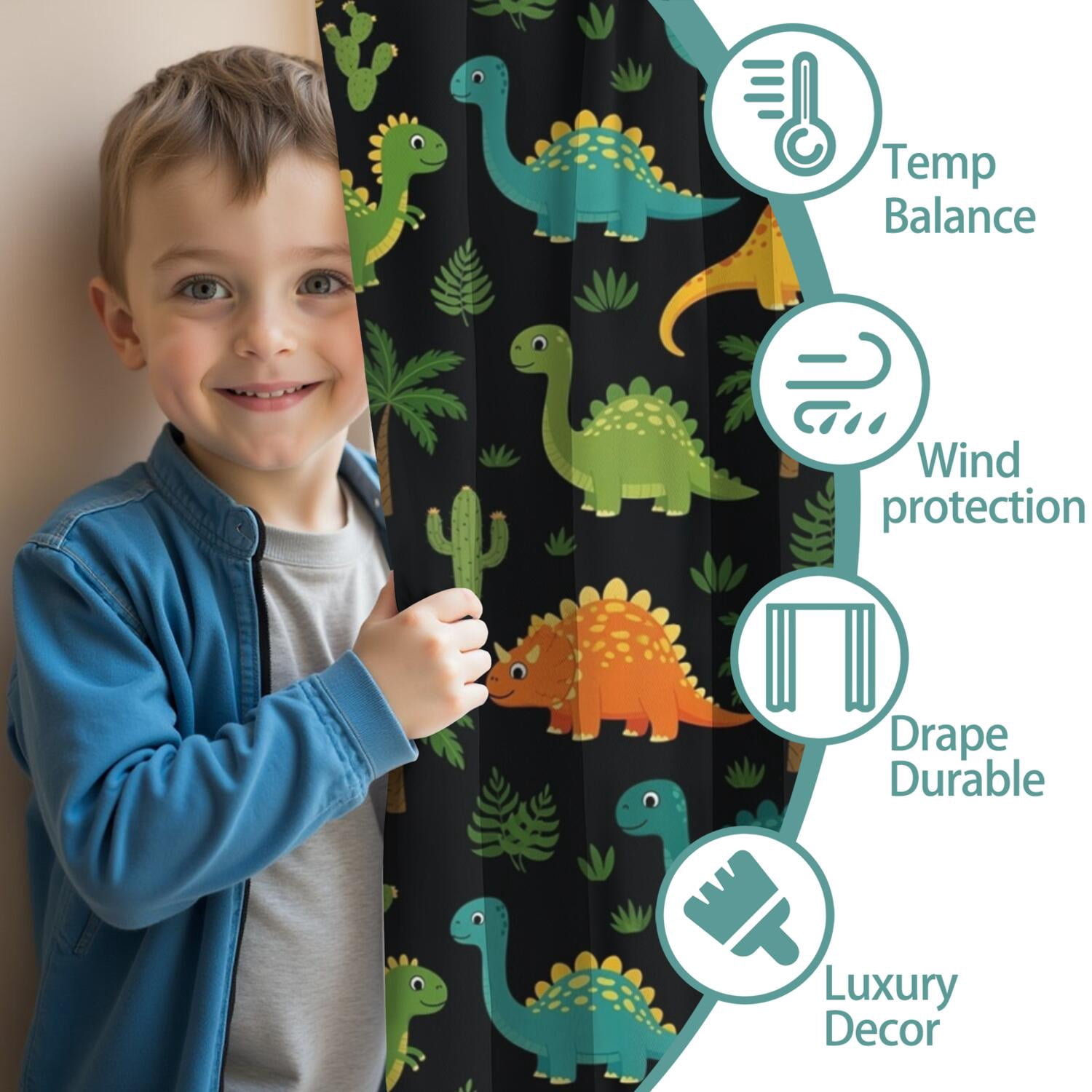 Blackout Kids Curtains,Black Colorful Dinosaurs Pattern Childrens Insulated Curtains Set Of 2,Bedroom Essentials,Toddler Room Decor 52"x63"