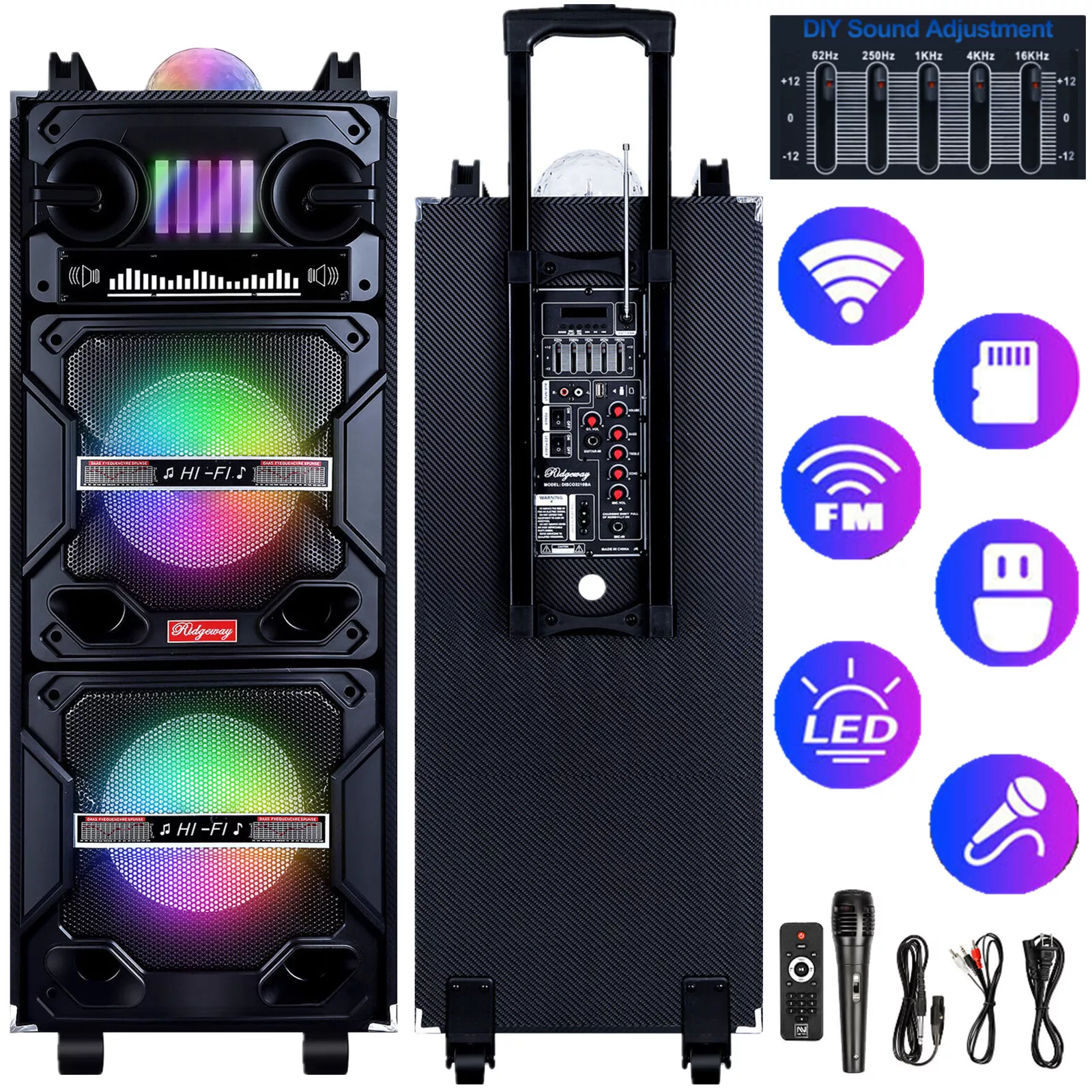 Lohoms Portable Wireless Speaker, Dual 10 Inch Woofer & Dual 2 Inch Tweeter High Powered Portable Trolley Bluetooth Speaker System, Microphone, Remote, Handle, Wheels, DJ LED Light