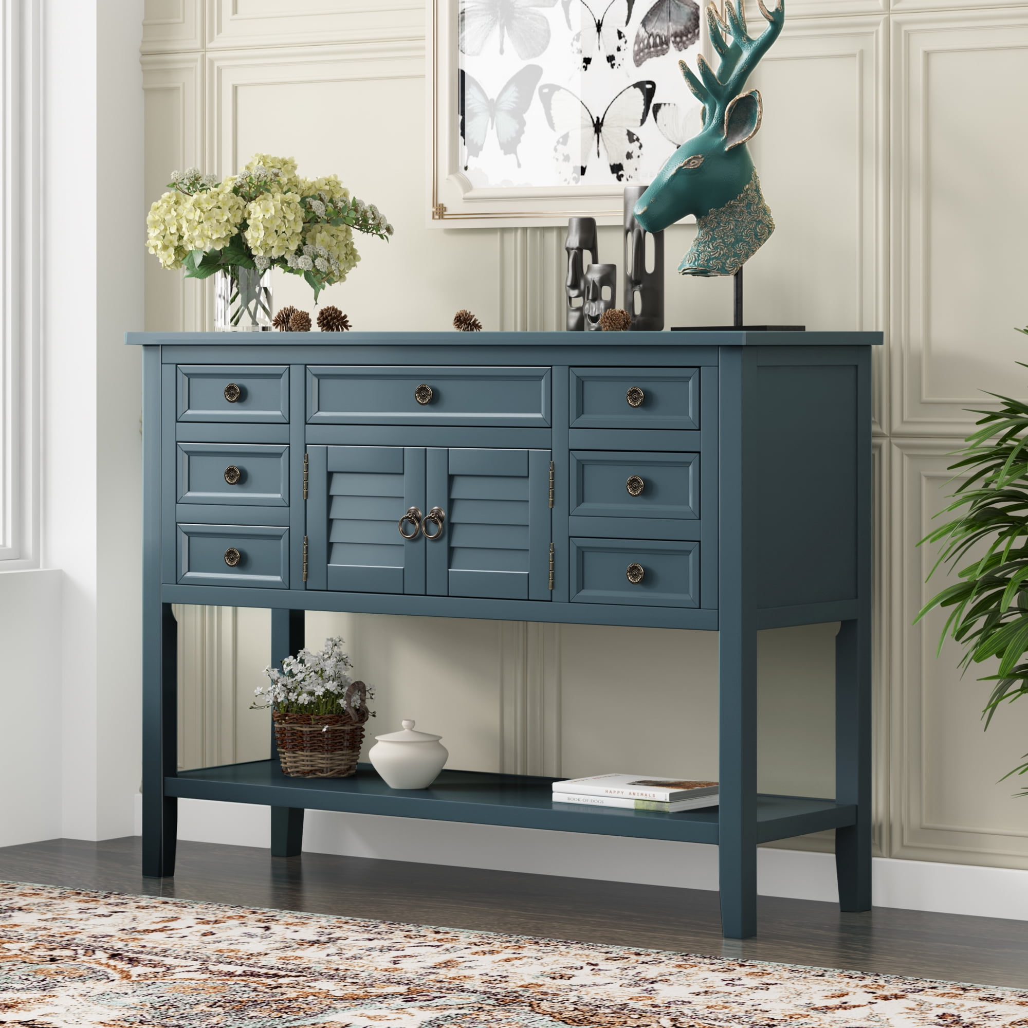 Storage Buffet Sideboard Cabinet for Kitchen/Entryway Side Table for Living Room Antique Navy Wood Console Sofa Table with Drawers and Bottom Shelf