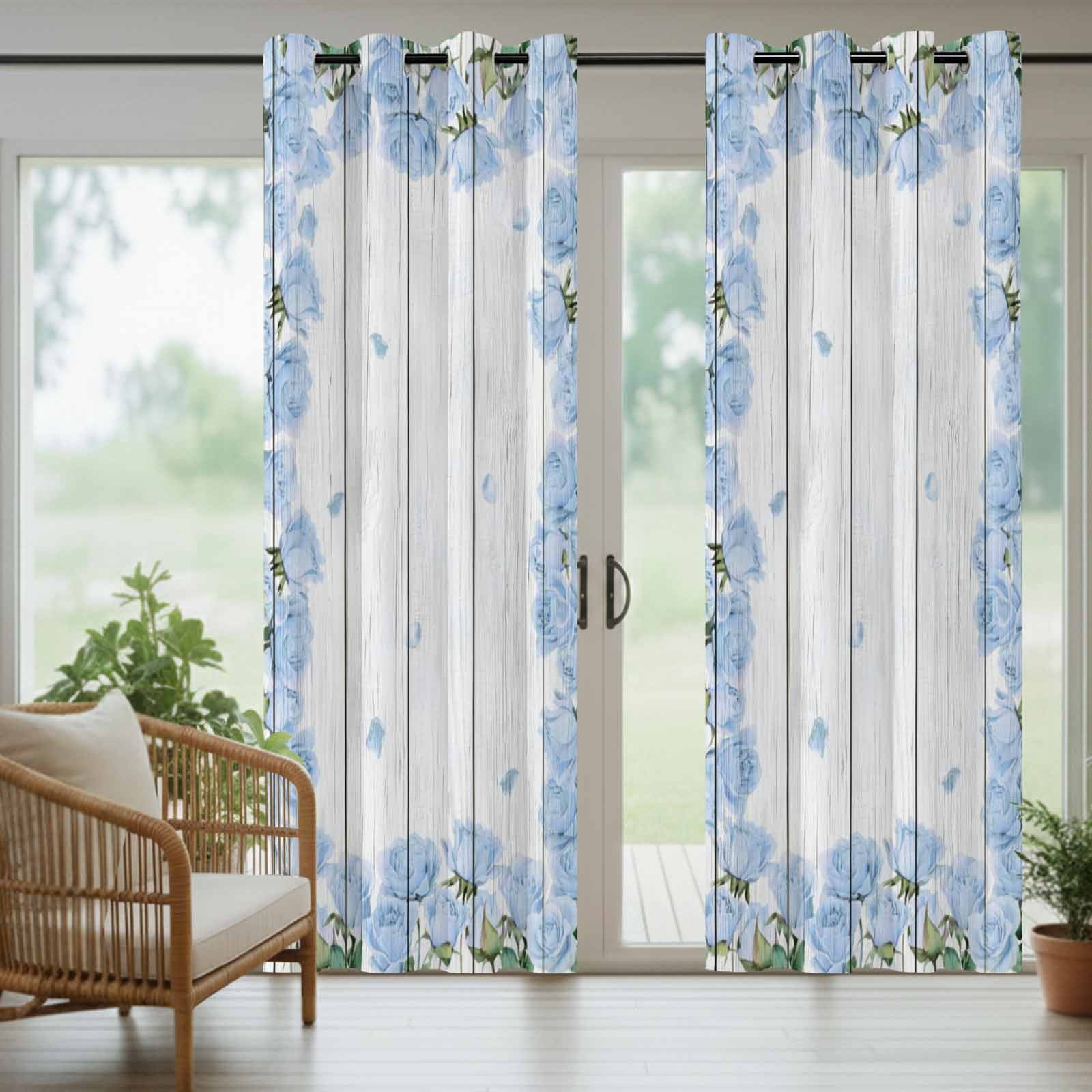 Farmhouse Flower Outdoor Curtains for Patio, Blue Rose Wreath Rustic Country White Wood Grain Sunshade Privacy Drapes Grommet Waterproof Outside Curtains for Porch/Cabana/Balcony 54"x 108", 1 Panel