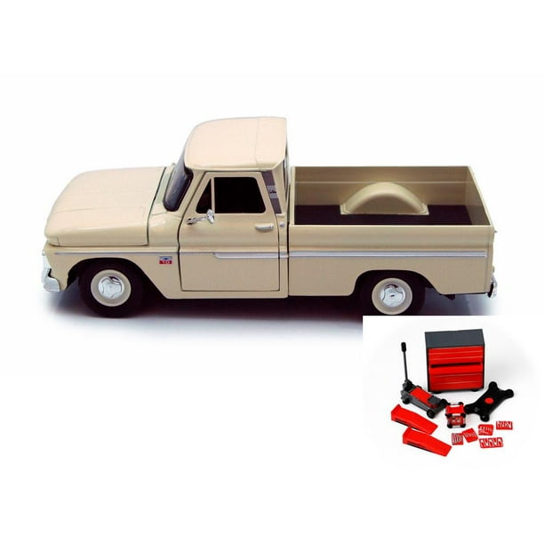 Diecast Car & Mechanic Set Package - 1966 Chevy C10 Pickup Truck, Cream - Motor Max 73355L - 1/