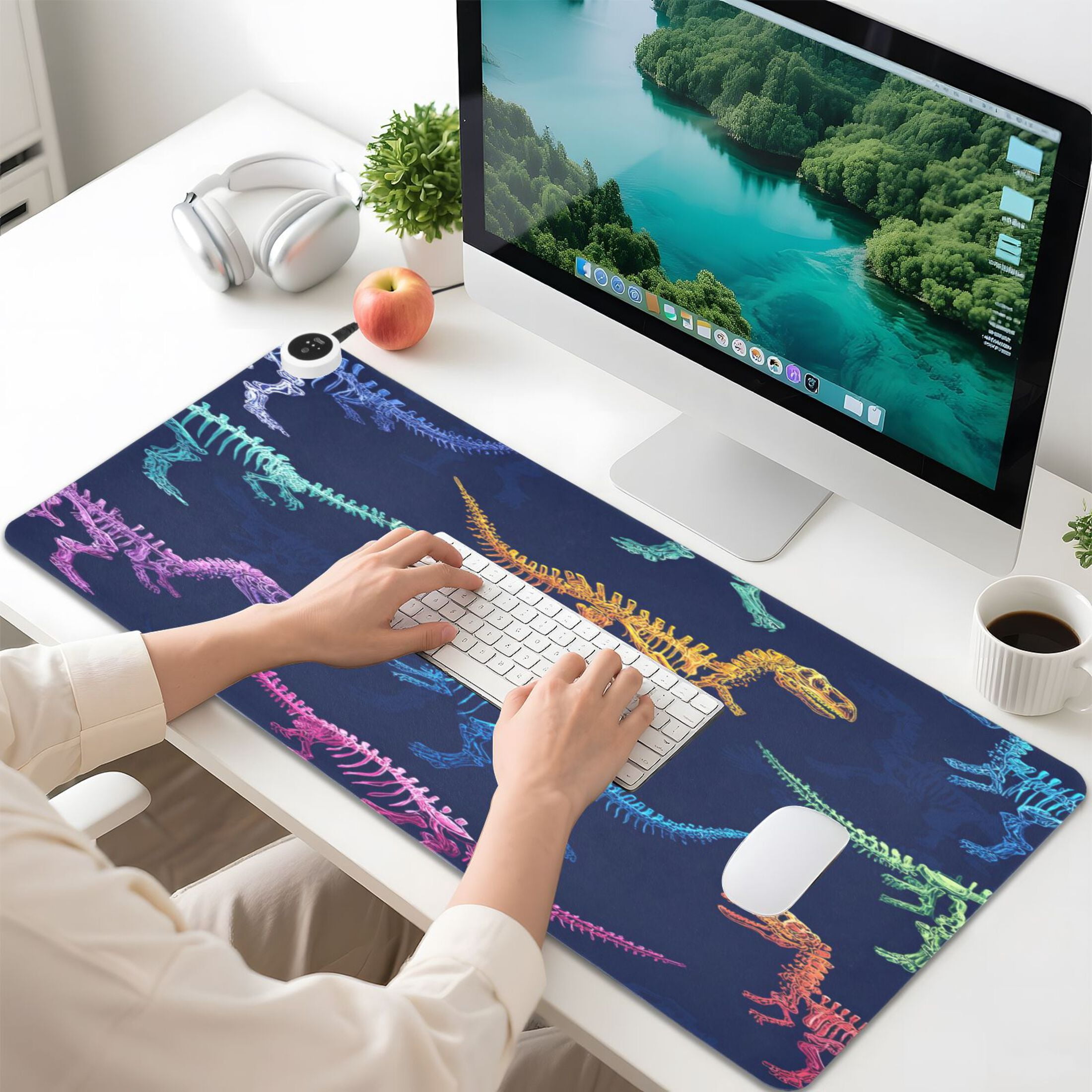 Large Heated Desk Mat Mouse Pad 31.5"x13"PU Leather Graphene Heating Desk Warmer with 3 Temperature Settings 110V US Plug Non-Slip Warm Pad for Home, Office, and Gaming Vividly Colored Dinosaur Bones