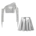 thumbnail image 5 of Miutii Kids Girls Shiny Metallic Jazz Dance Outfits Sparkle Sequins Tassels Crop Tops with Flared Skirt Set Silver 10, 5 of 7