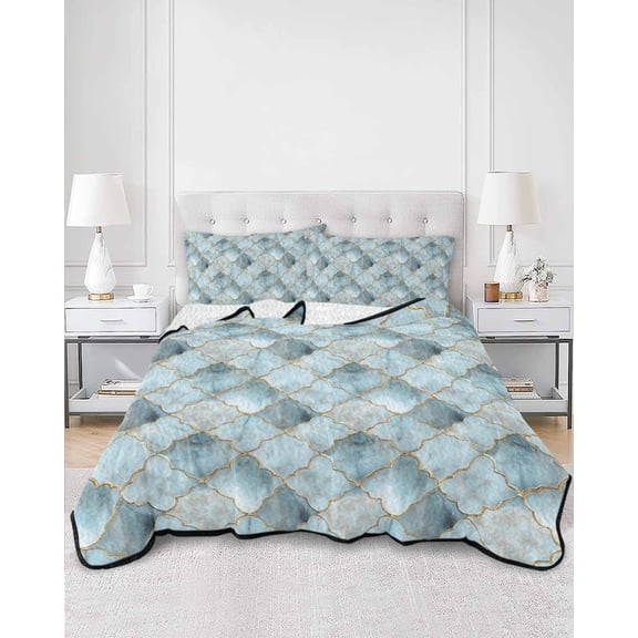 Quilts King Size, Teal Morocco Soft Comforter Bedding Set for Bed, Modern Abstract Art Contemporary Geometric Lightweight Quilted Bedspread with Pillow Cover(2 Pieces) for All Season, 96x106 Inch