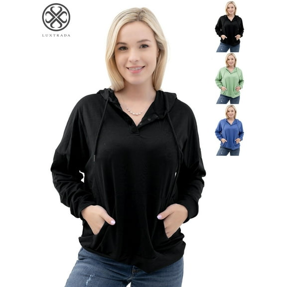 Luxtrada Women’s Long Sleeve Hoodies Drawstring Hooded Sweatshirts Button-down Collar Kangaroo Pocket