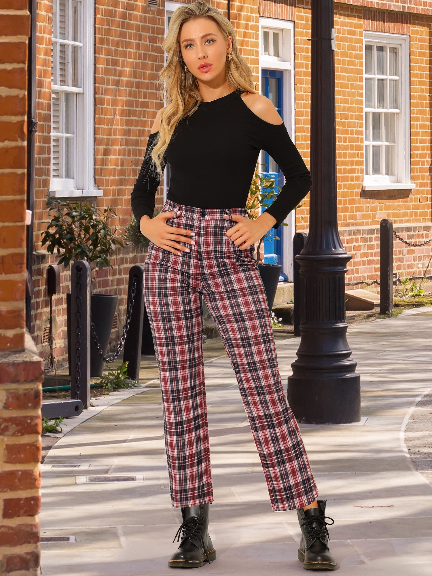 DARING DIVA Women's Plaid Pants High Waisted Tartan Checkered Cropped Pants 2XL Red