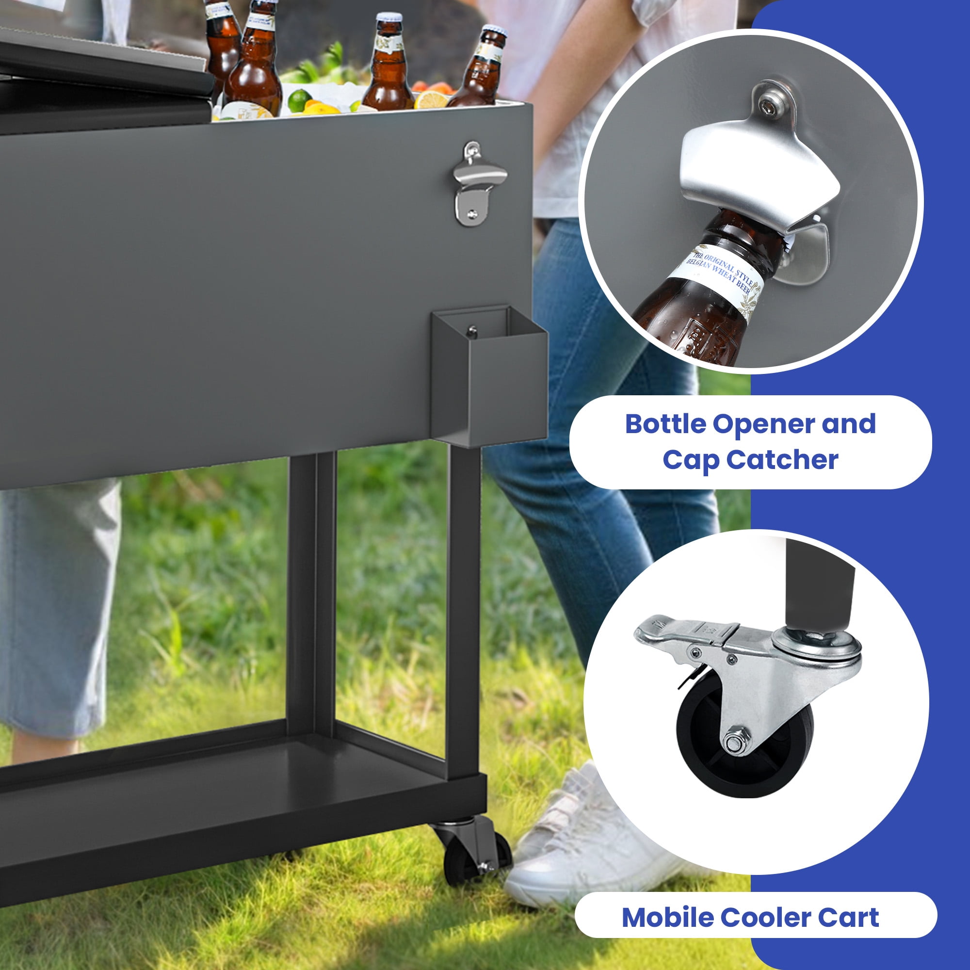 Uforic 80 Quart Rolling Ice Chest Cooler Cart,Outdoor Portable Beverage Cart, with Bottle Opener, Storage Shelf & Drain, Gray