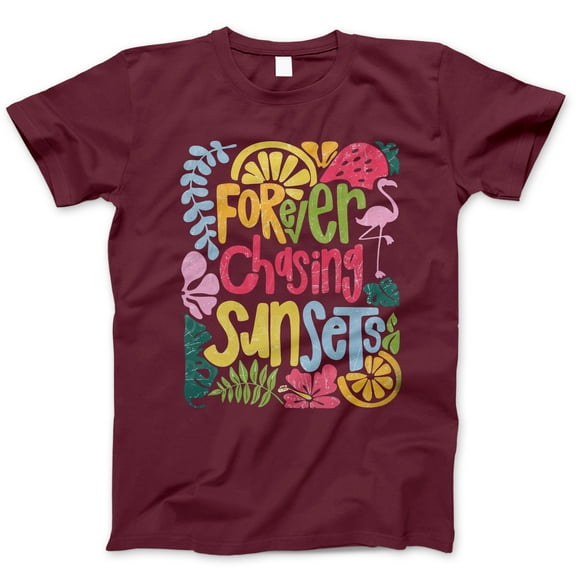 Forever Chasing Sunsets T-Shirt - Tropical Vacation Tee with Colorful Fruits Flamingo and Leaves - Cute Summer Shirt, Beach Graphic Tshirt for Women